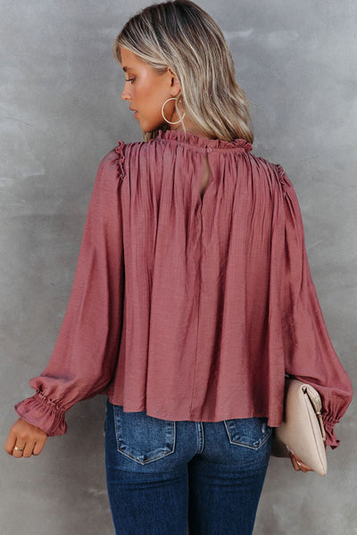 Red Frilled Neck Ruffled Long Sleeve Blouse