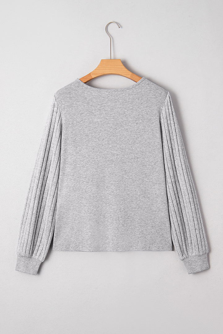 Gray Hollowed Lace Ribbed Knit Long Sleeve Patchwork Top