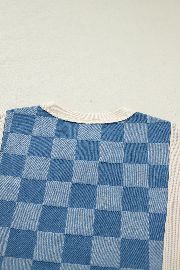 Dusk Blue Checkered Denim Patchwork Short Sleeve Loose Top