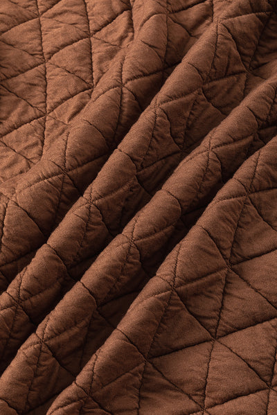 Coffee Solid Color Quilted Kangaroo Pocket Hoodie