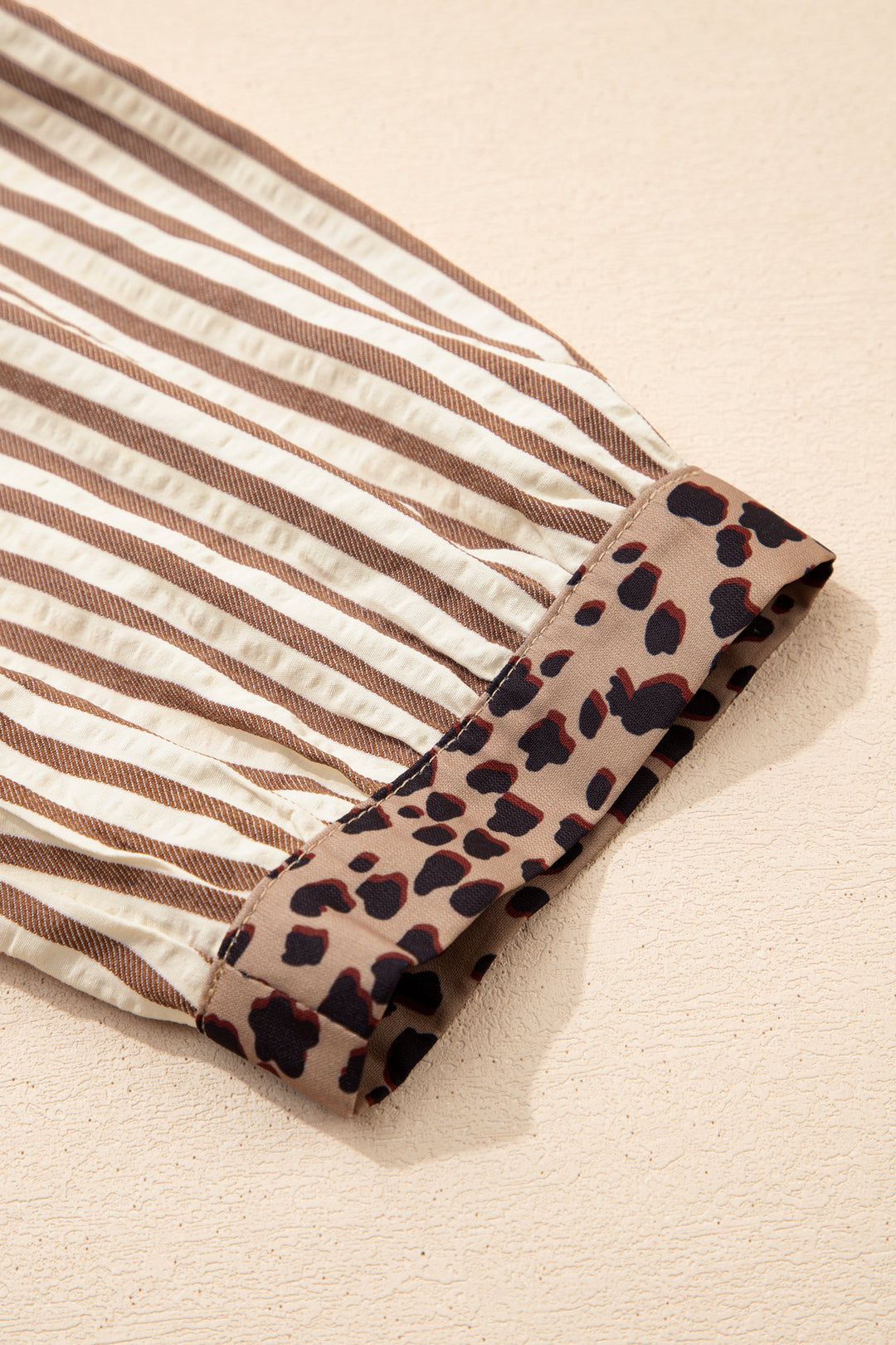 Khaki Stripe Square Button Leopard Trim Loose Bracelet Sleeve Shirt Dress
