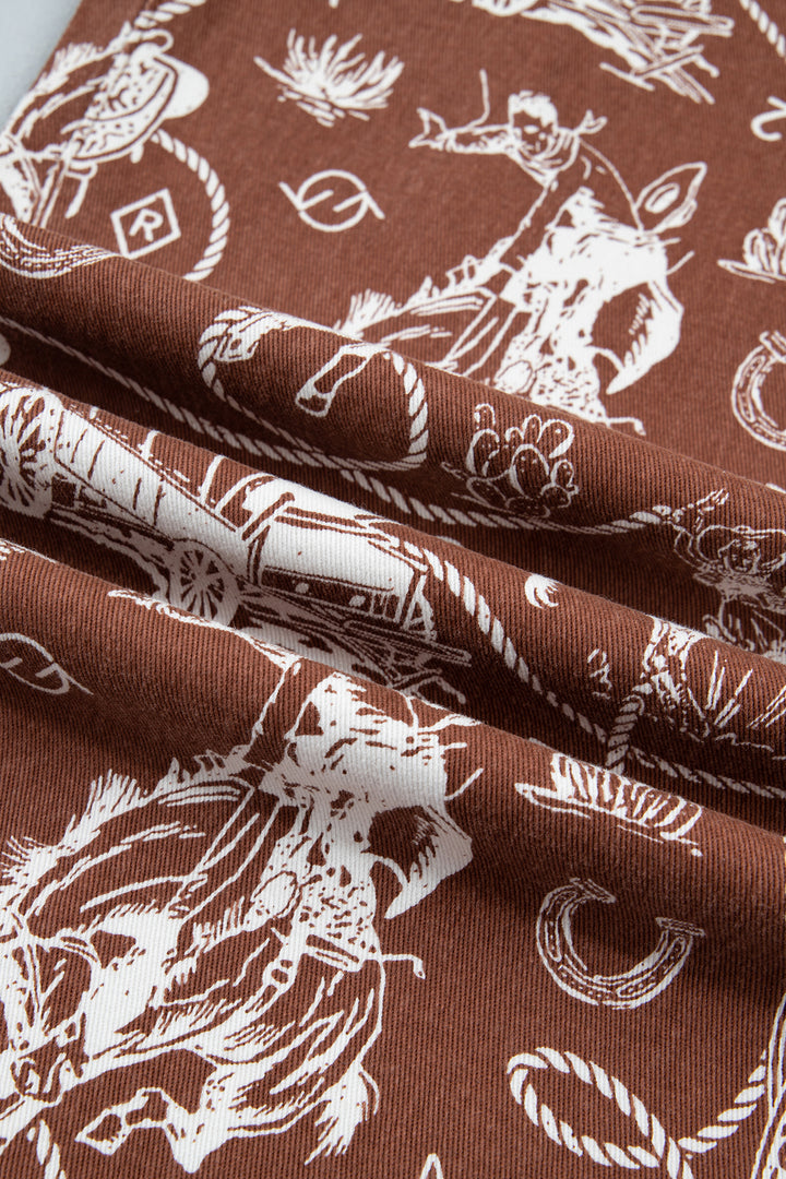 Brown Western Print Casual Shift Jeans