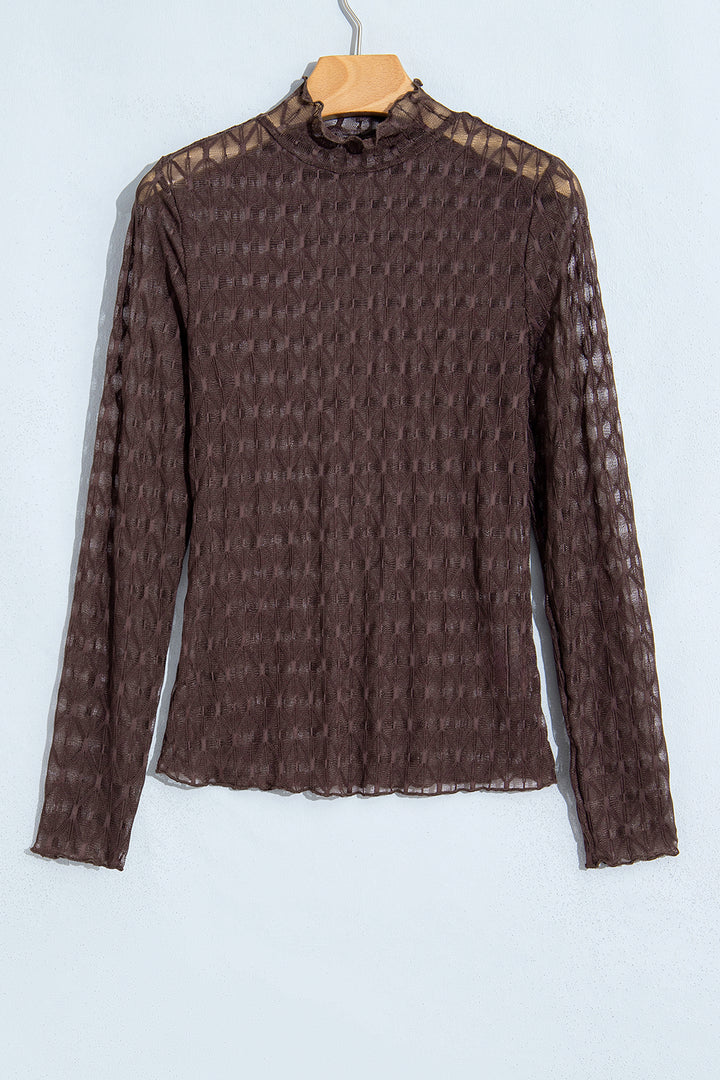 Chicory Coffee Sheer Textured Lace Stand Neck Long Sleeve Top