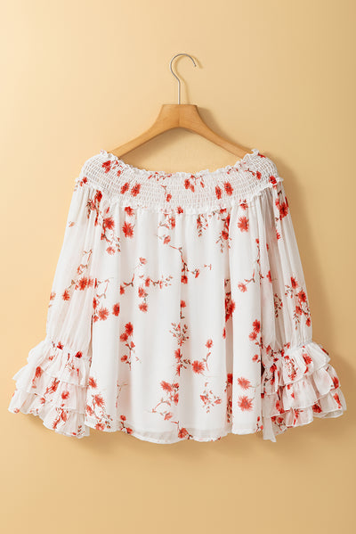 White Floral Print Shirred Off Shoulder Ruffled Sleeve Blouse