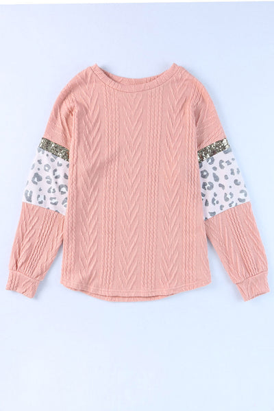 Pink Leopard Sequin Splicing Sleeves Textured Knit Top