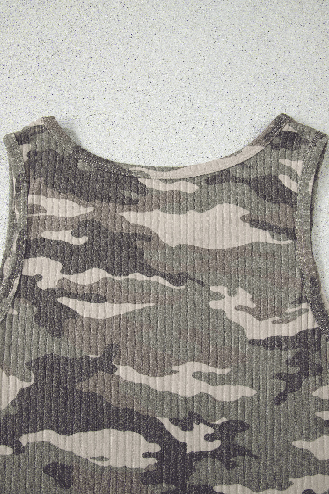 Green Camouflage Print Ribbed Knit Round Neck Tank Top