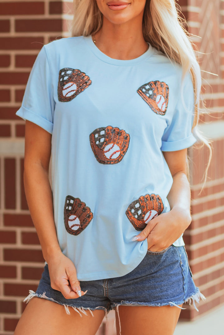 Light Blue Gopher Ball Sequin Patched Casual T Shirt
