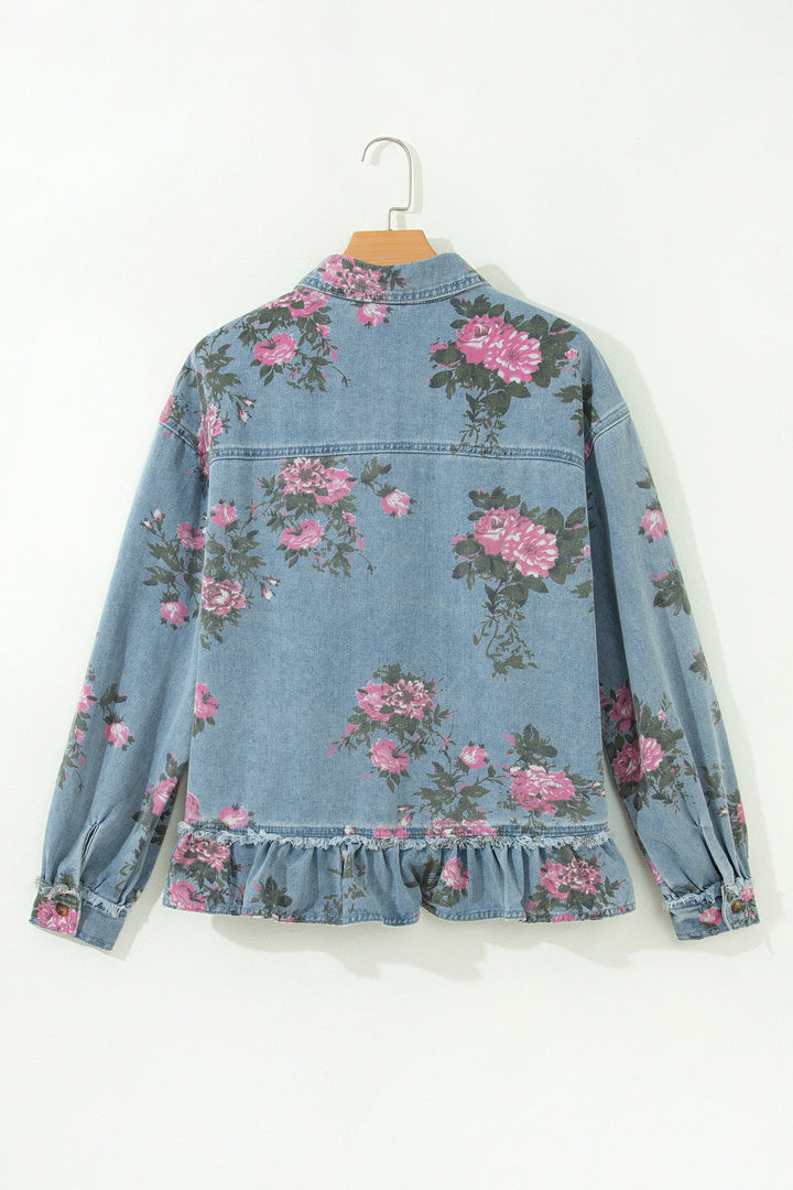 Sky Blue Floral Print Raw Seam Ruffle Hem Denim Jacket