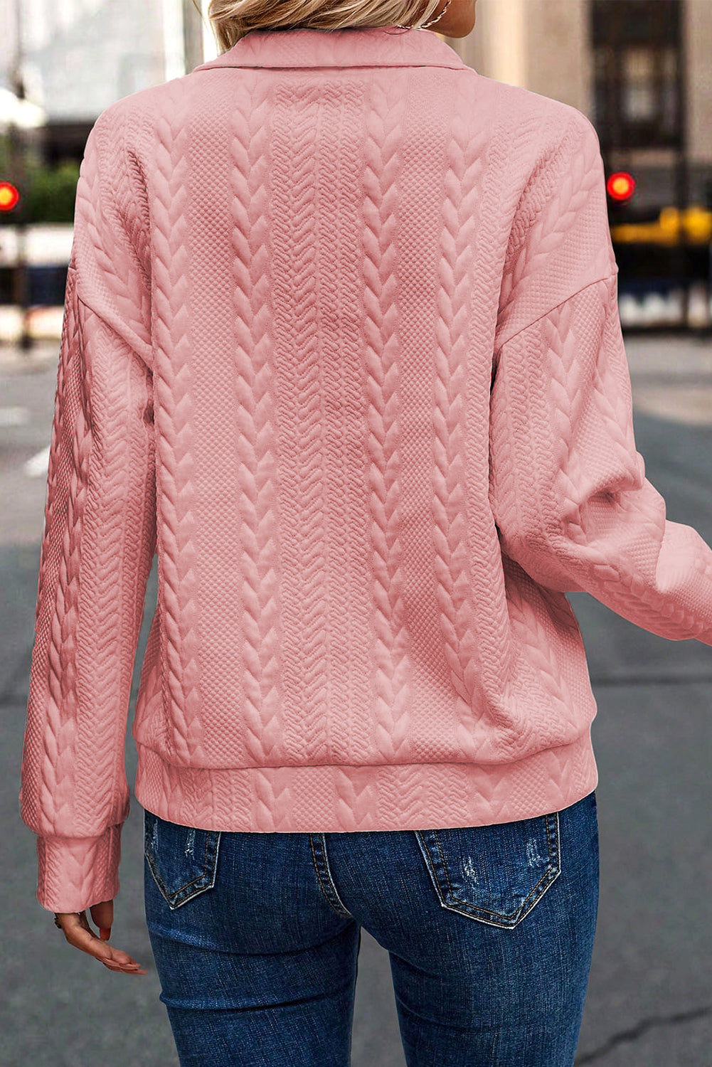 Peach Blossom Zip up Cable Textured Sweatshirt