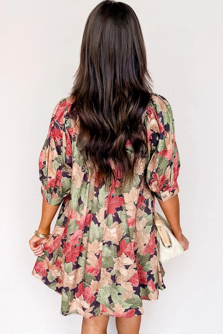 Green Floral Print Frilled Collar V Neck Half Sleeve Mini Dress