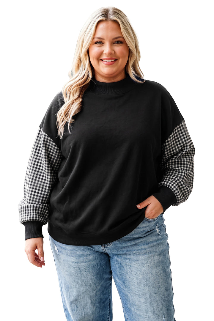 Black Patchwork Plaid Loose Fit Long Sleeve Plus Size Sweatshirt