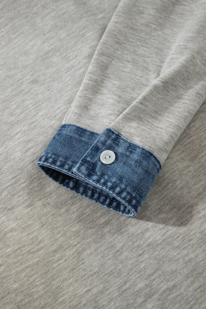 Gray Denim Collar Patchwork Long Sleeve Pullover Top