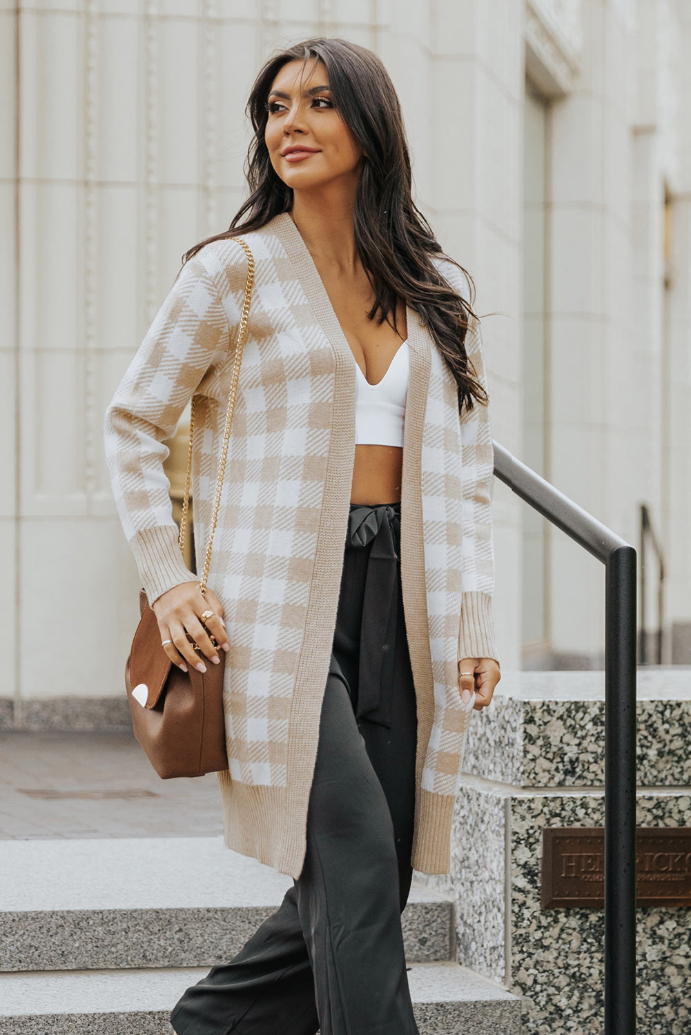 Khaki Open Front Plaid Long Cardigan