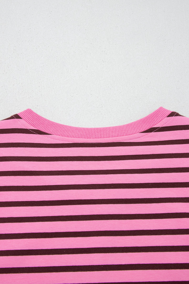 Pink Stripe V Neck Long Sleeve Drop Shoulder Blouse