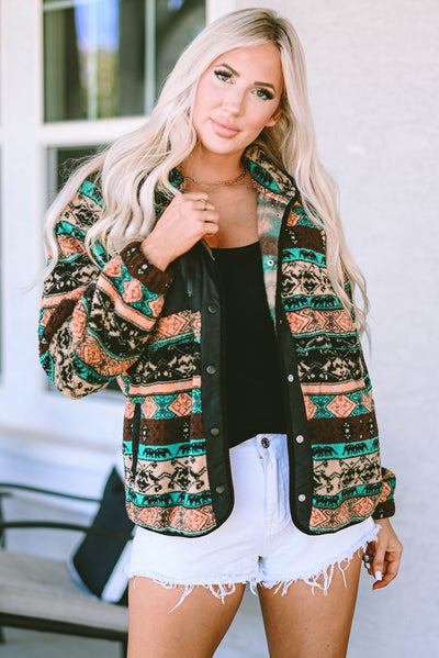 Black Western Colorblock Snap Buttoned Sherpa Jacket