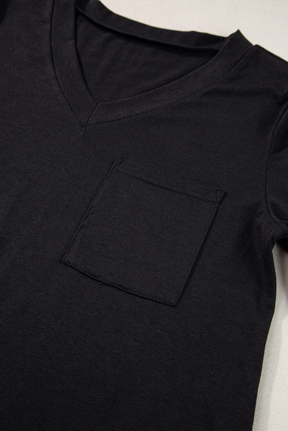 Black V Neck Pocketed Rounded Hem Tee