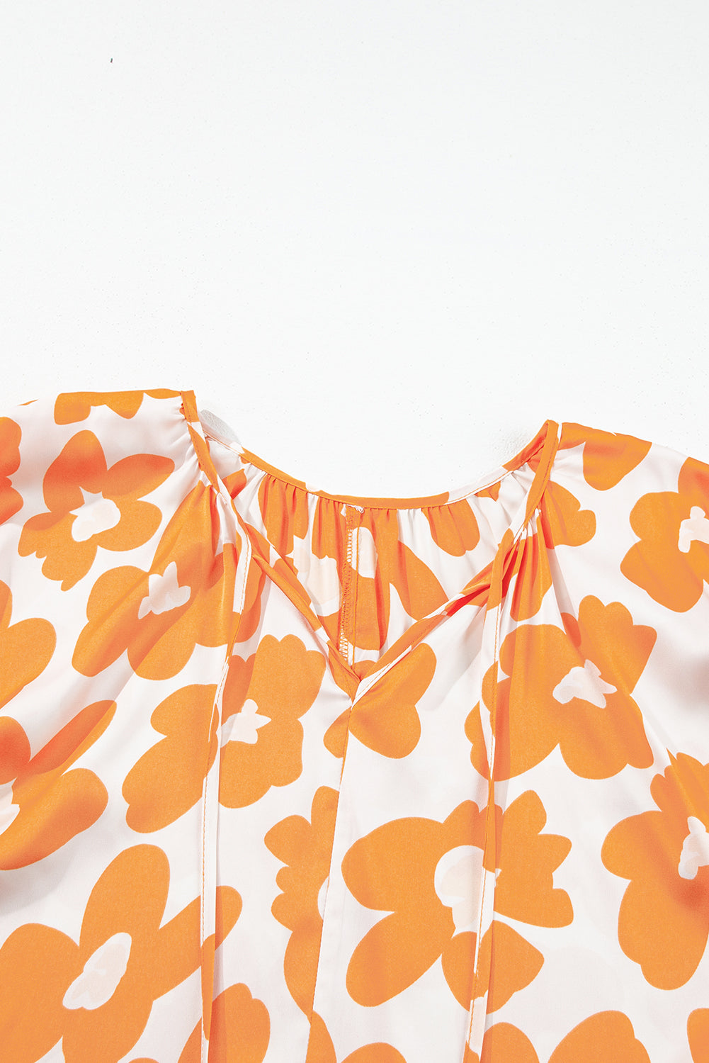 Orange Satin Floral Puff Sleeve Tied Split Neck Top