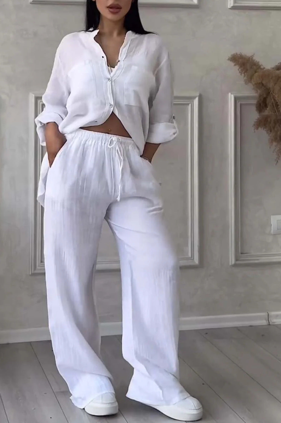 Wide-Leg Pants &amp; Lace-Up Top Two-Piece Set – Solid Color, 12 Colors S–5XL