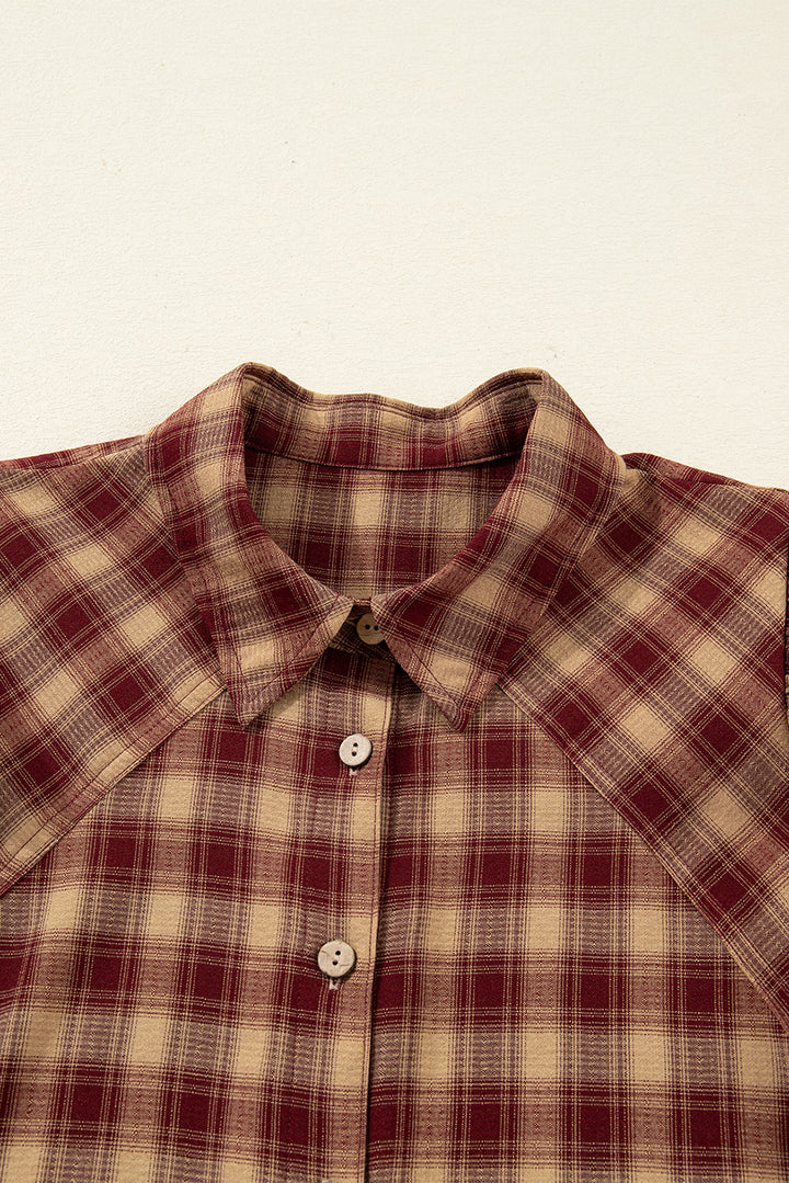 Red Plaid Print Ruffled Long Sleeve Patchwork Hem Mini Shirt Dress