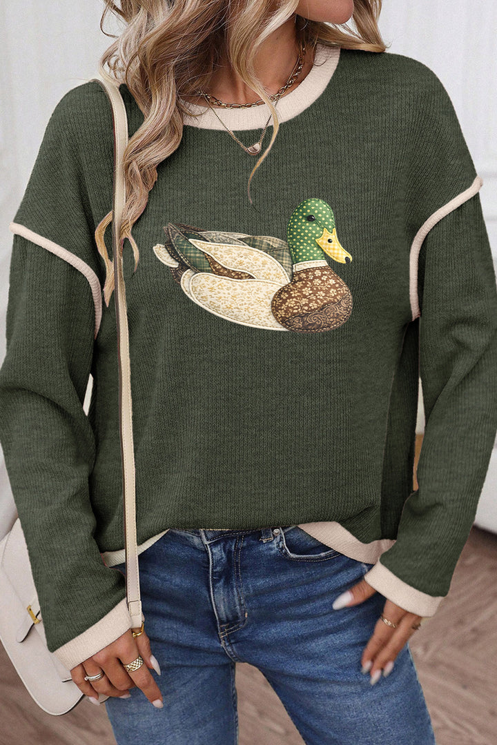 Four Leaf Clover Mallard Duck Graphic Contrast Trim Patchwork Casual Knit Top