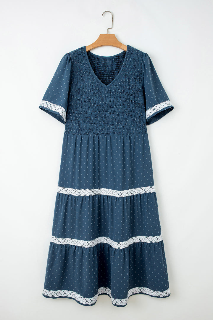 Dusk Blue Plus Size V Neck Swiss Dot Lace Patchwork Detail Flared Midi Dress