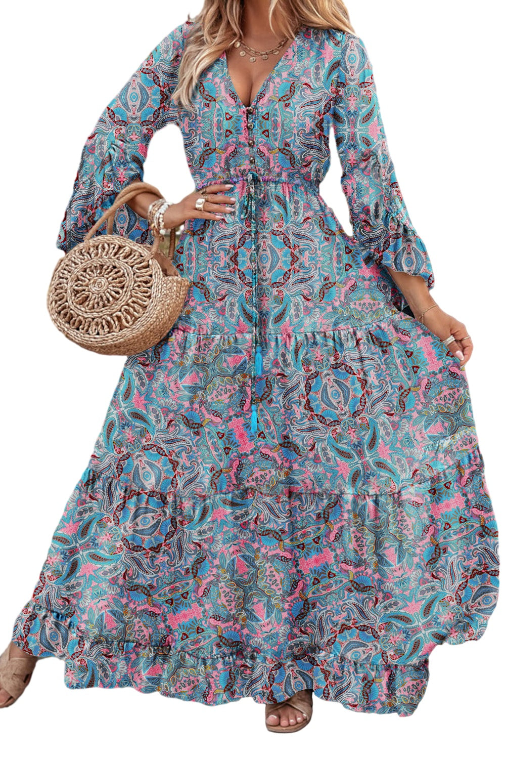 Paisley Printed Ruffle Trim Elegant Maxi Dress