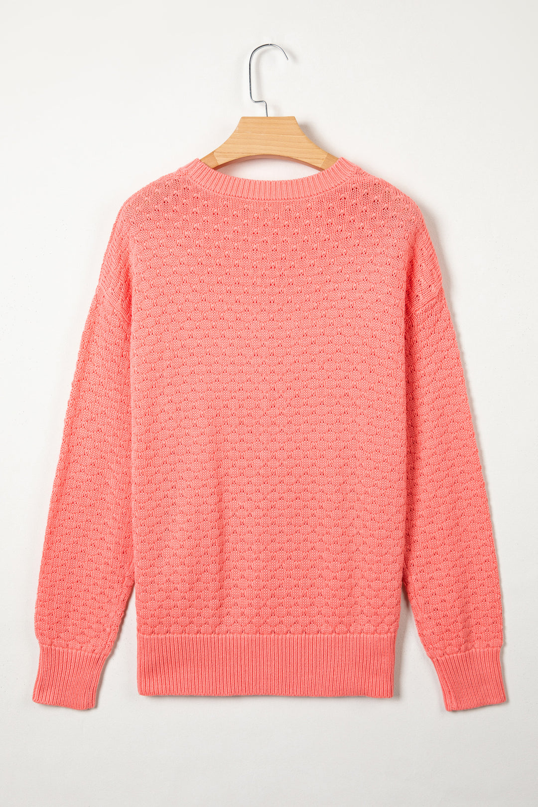 Coral Paradise Breathable Patterned Knit Drop Shoulder Pullover Sweater
