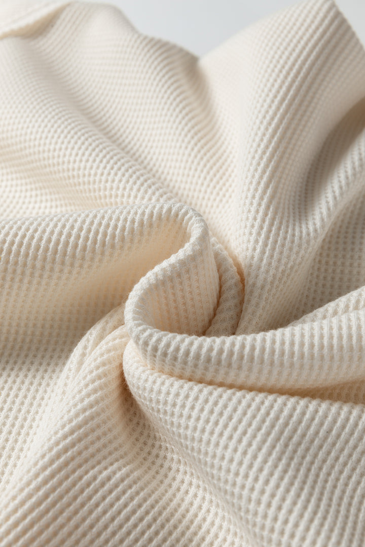 Beige Solid Color Waffle Knit Asymmetric Neck Long Sleeve Top