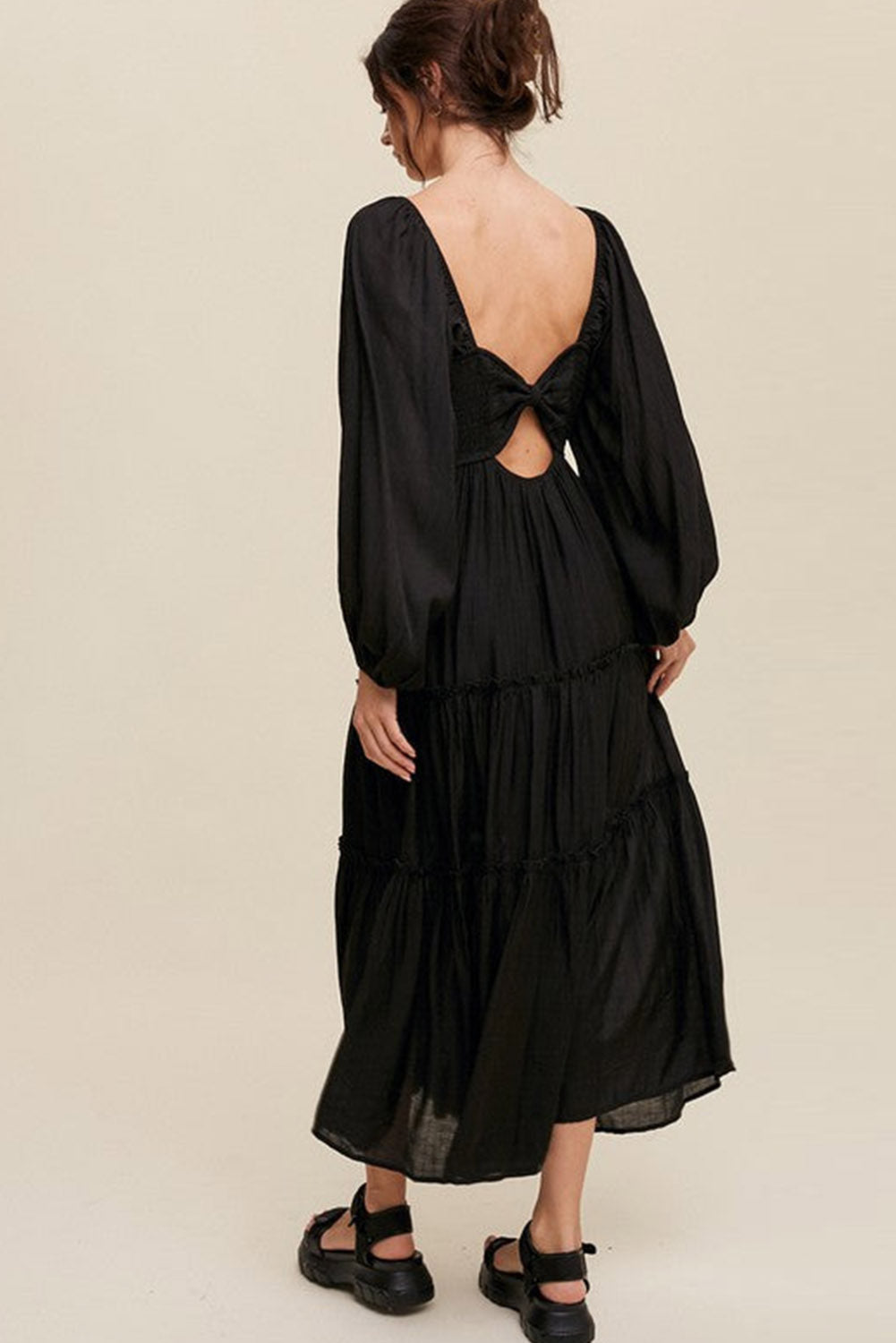 Black V Neck Bowknot Cutout Frill Tiered Maxi Dress