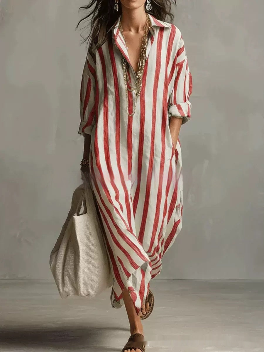 Striped Lapel Collar Dress – Side Slits &amp; Pockets
