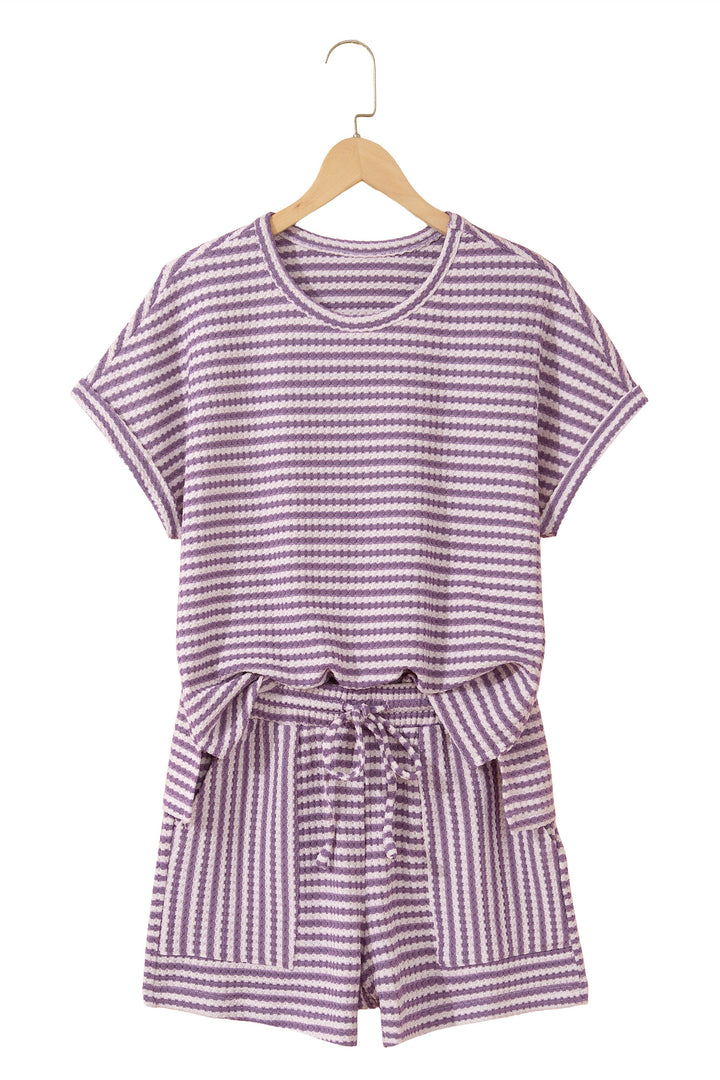 Brown Stripe Breathable Textured Knit Short 2pcs Set