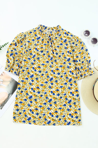 Yellow Boho Floral Ruffle Short Sleeve Frill Mock Neck Blouse