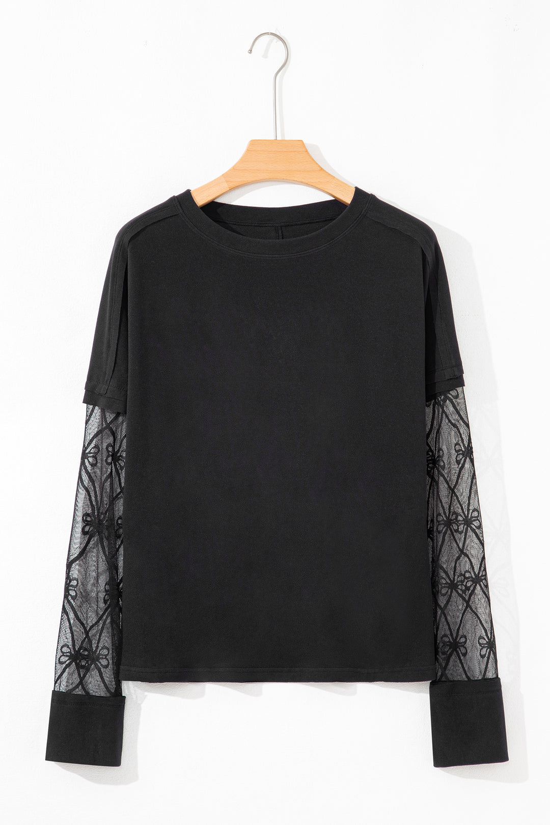 Black Solid Color Bow Textured Patchwork Long Sleeve Tee