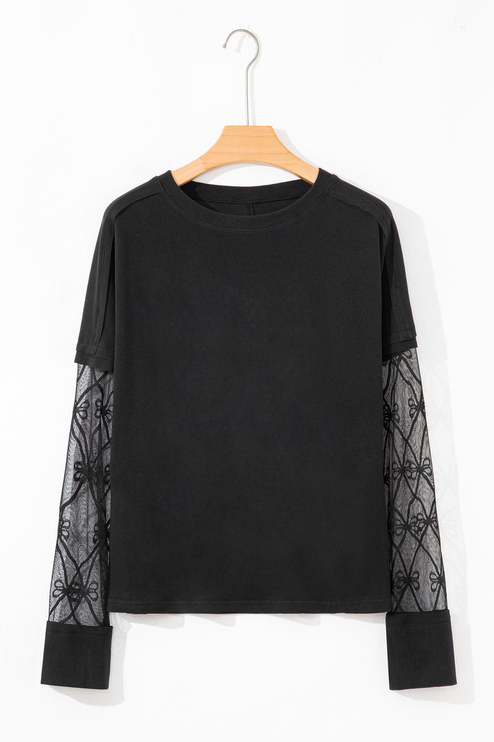 Black Solid Color Bow Textured Patchwork Long Sleeve Tee