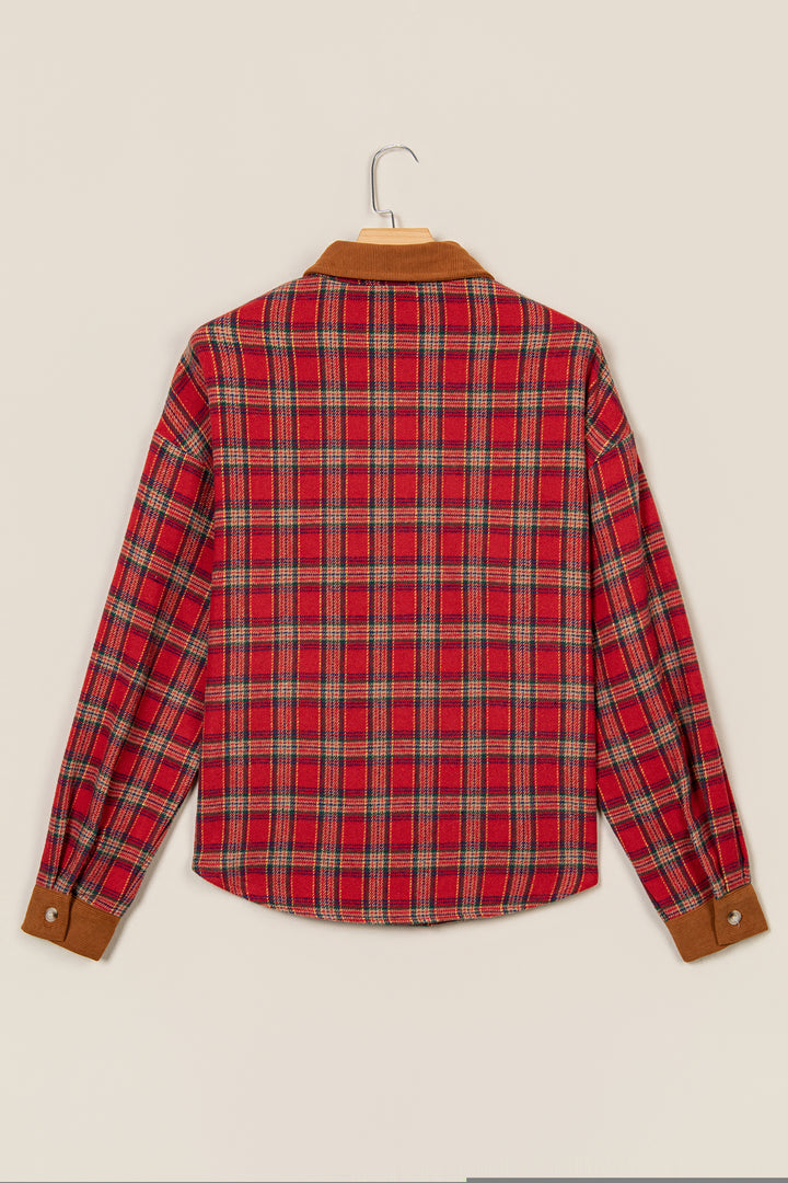 Red Casual Plaid Color Block Collared Button Shacket