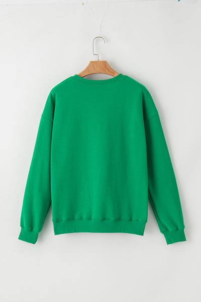 Green LUCKY Aphabet Chenille Embroidered Pullover Sweatshirt