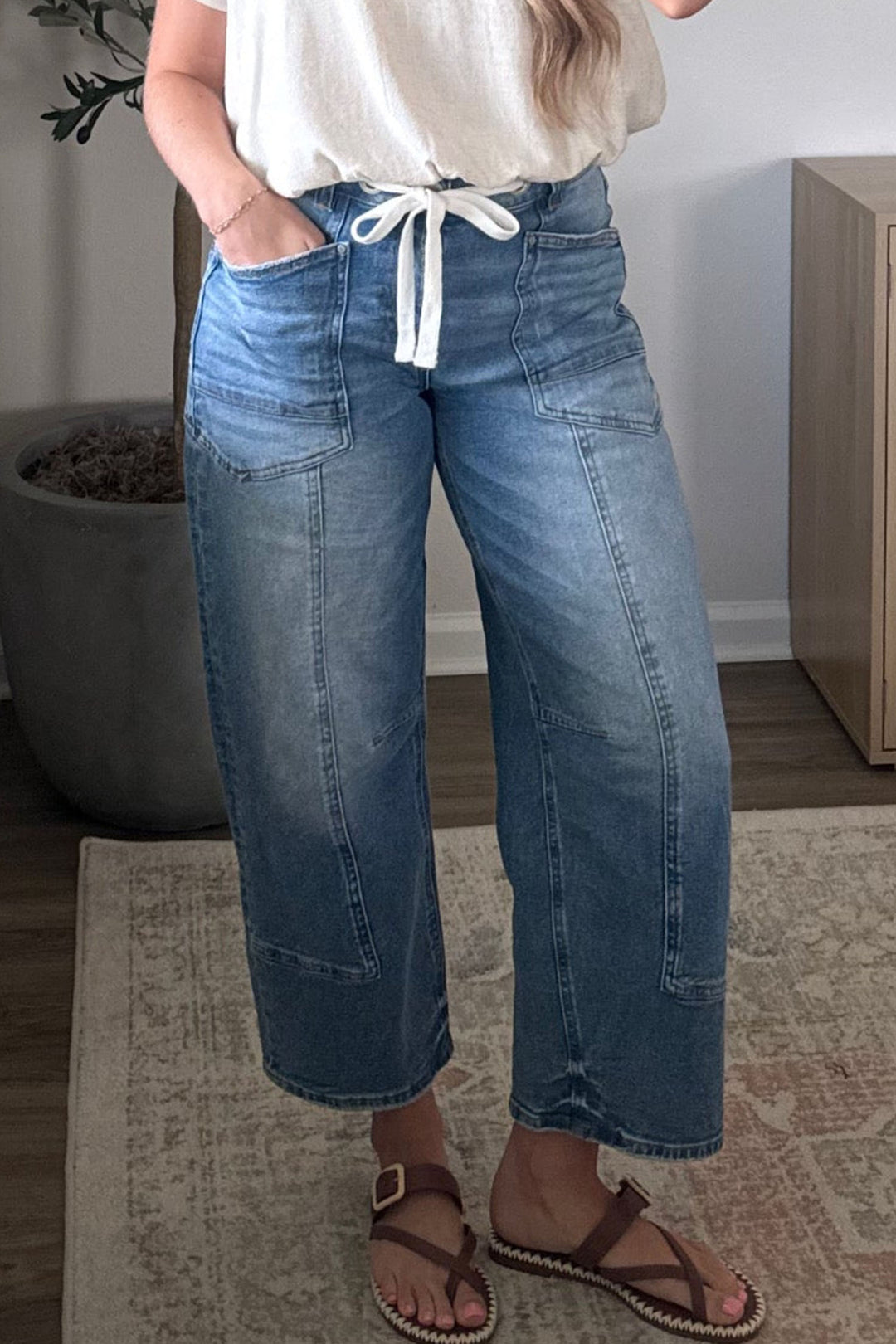 Beau Blue Solid Patchwork Grommet Tie Waist Loose Ankle-Length Jeans