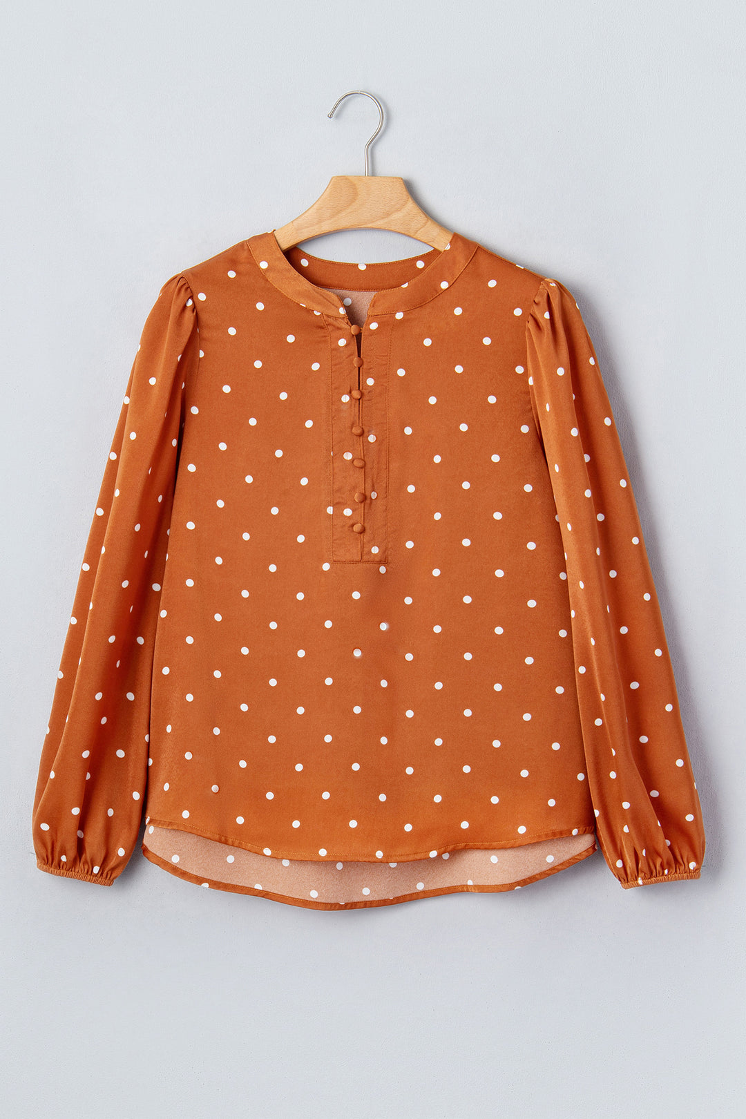 Brown Polka Dot Half Button V Neck Long Sleeve Blouse