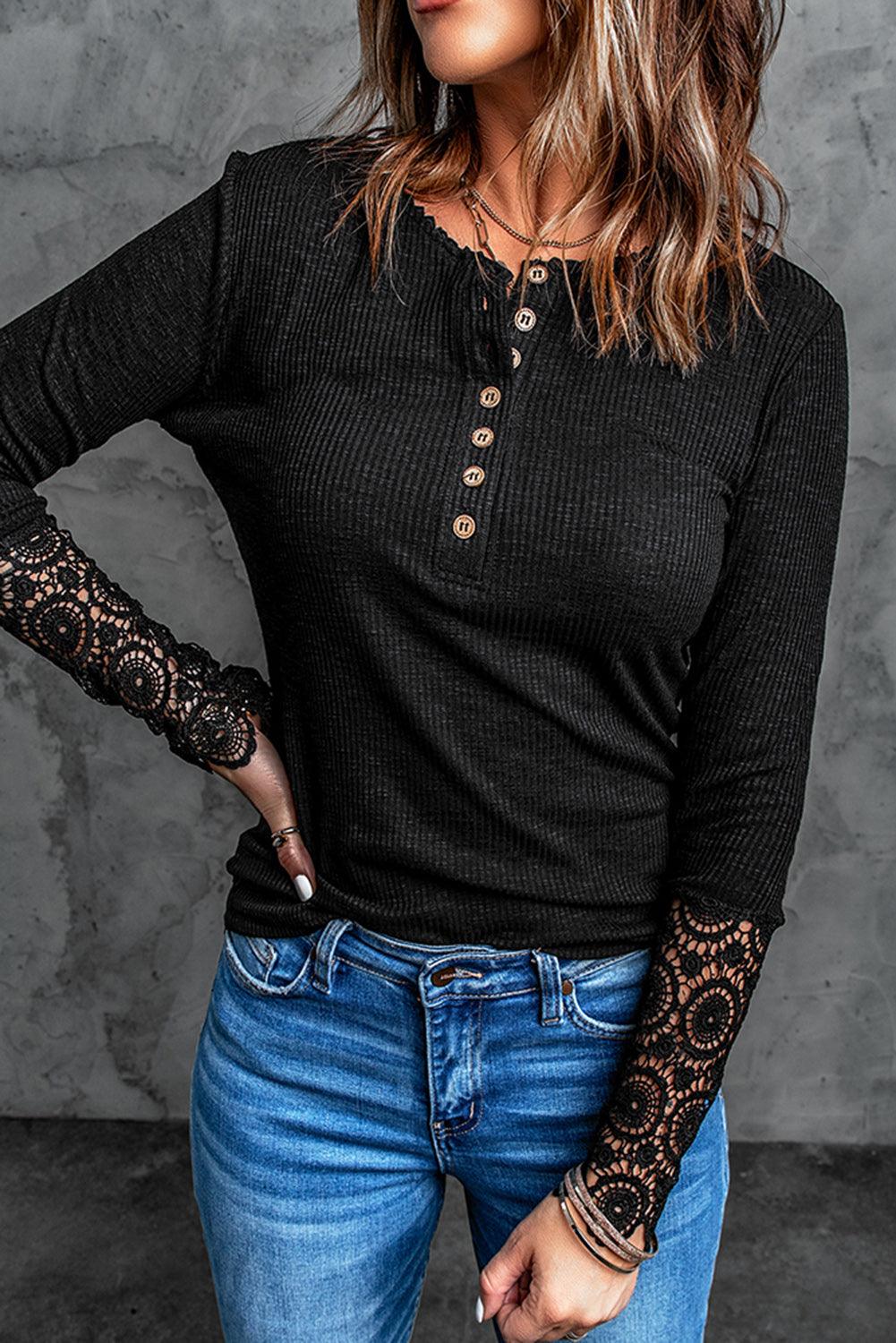 Black Crochet Lace Hem Sleeve Button Top