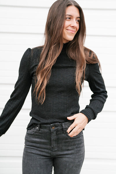 Black Solid Color Ruffled High Neck Long Sleeve Top