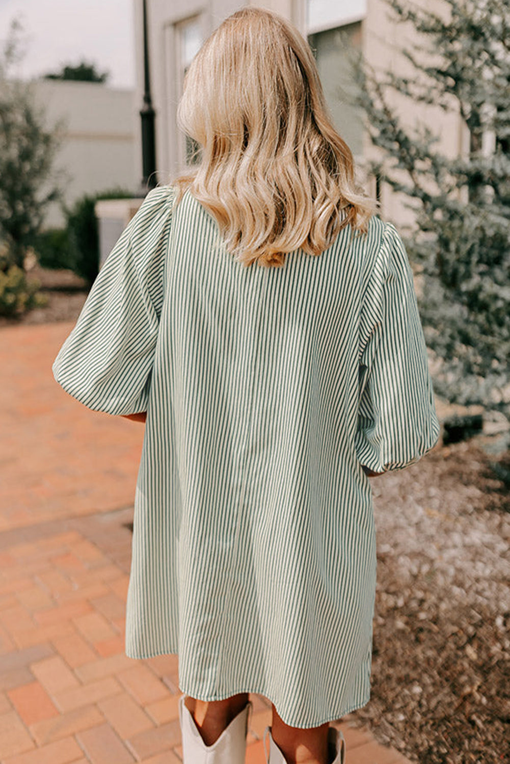 Green Patch Pockets Button Down Short Puff Sleeve Dress