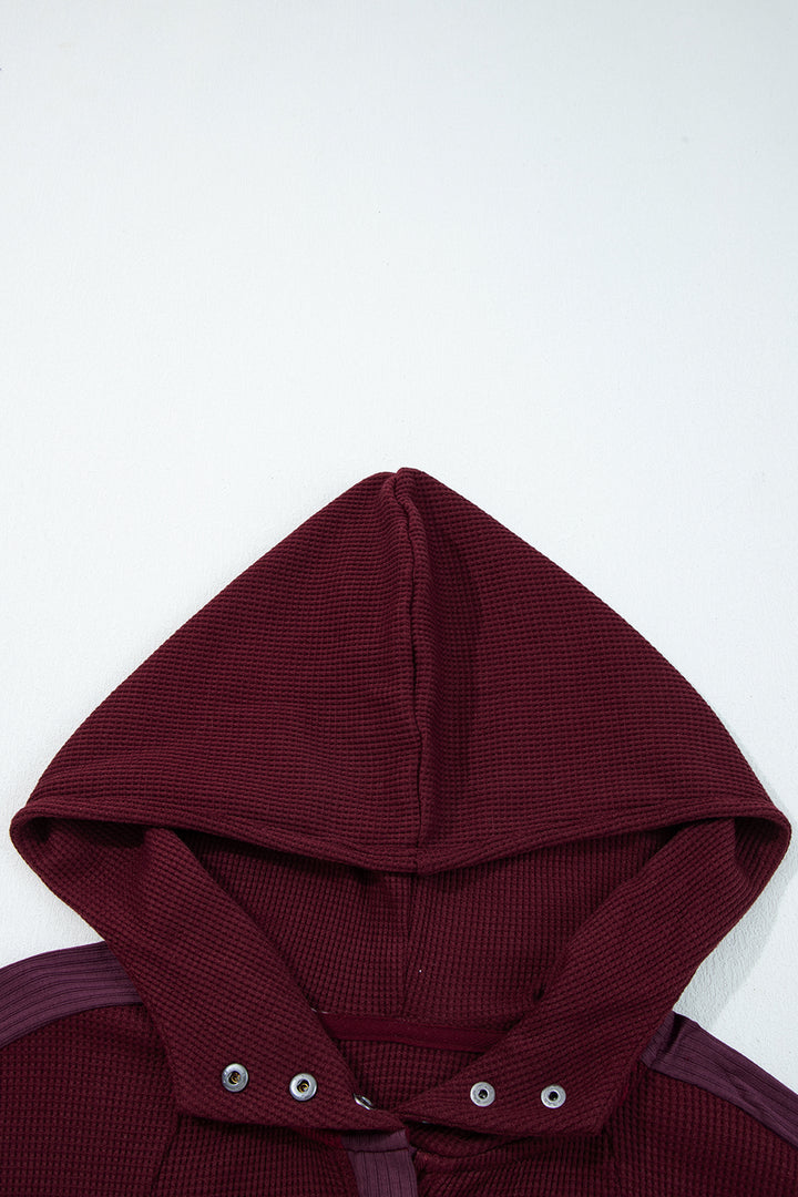 Burgundy Waffle Splicing Zip Up Front Button Hooded Jacket