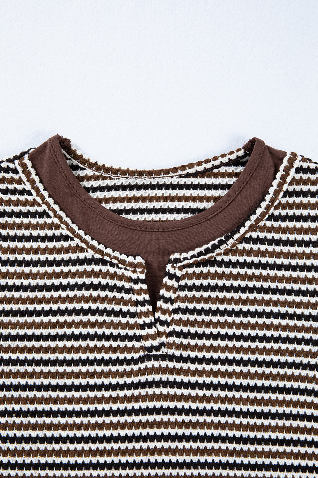 Brown Faux Two Piece Textured Striped Round Neck Long Sleeve T Shirt
