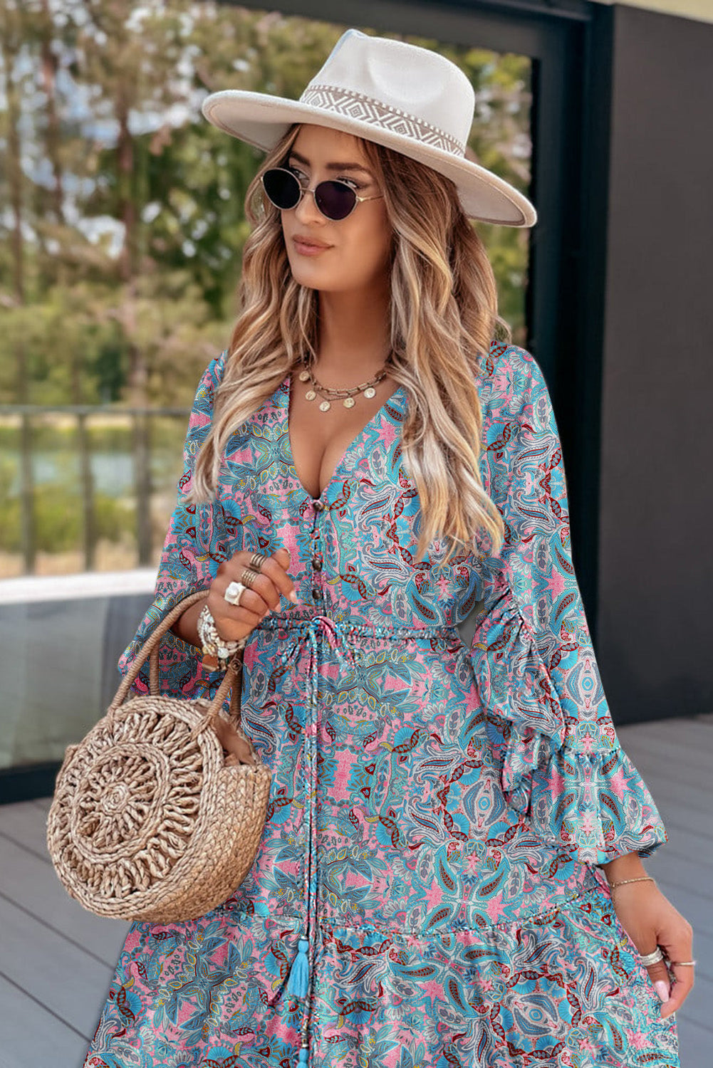 Paisley Printed Ruffle Trim Elegant Maxi Dress