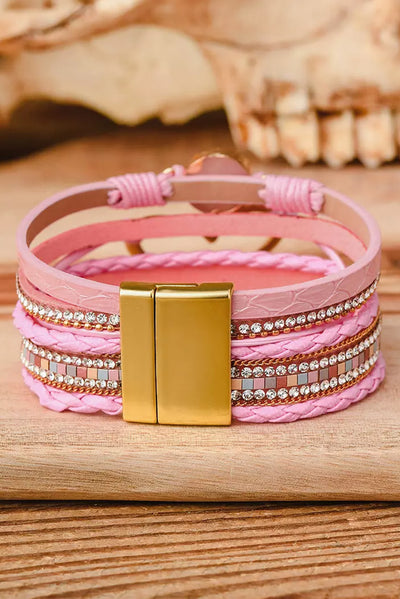 Pink Bohemian Heart Rhinestone Magnetic Buckle Bracelet