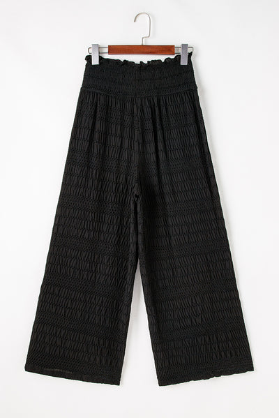 Black Textured Wide Smocked Waist Loose Pants