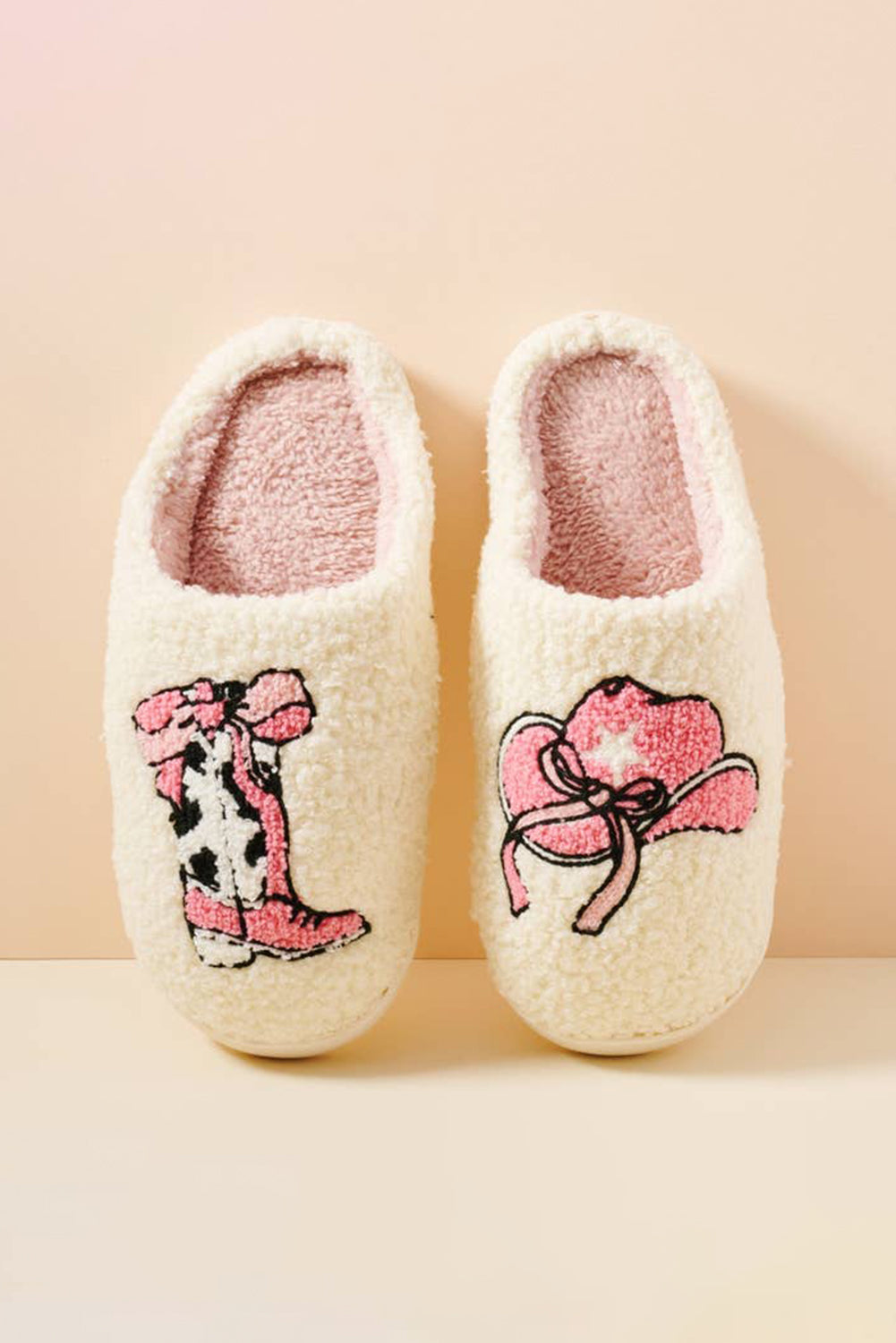 White Cowgirl Hat &amp; Boot Printed Plush Thermal Home Slippers