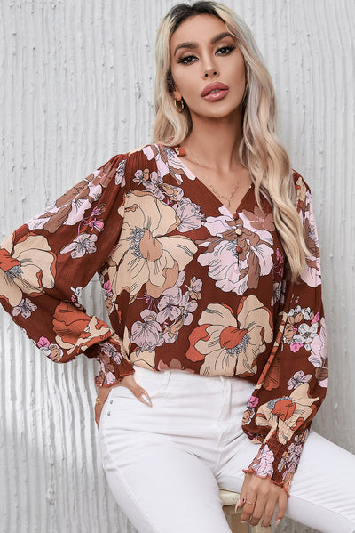 Brown Frilled V Neck Bubble Sleeve Floral Blouse