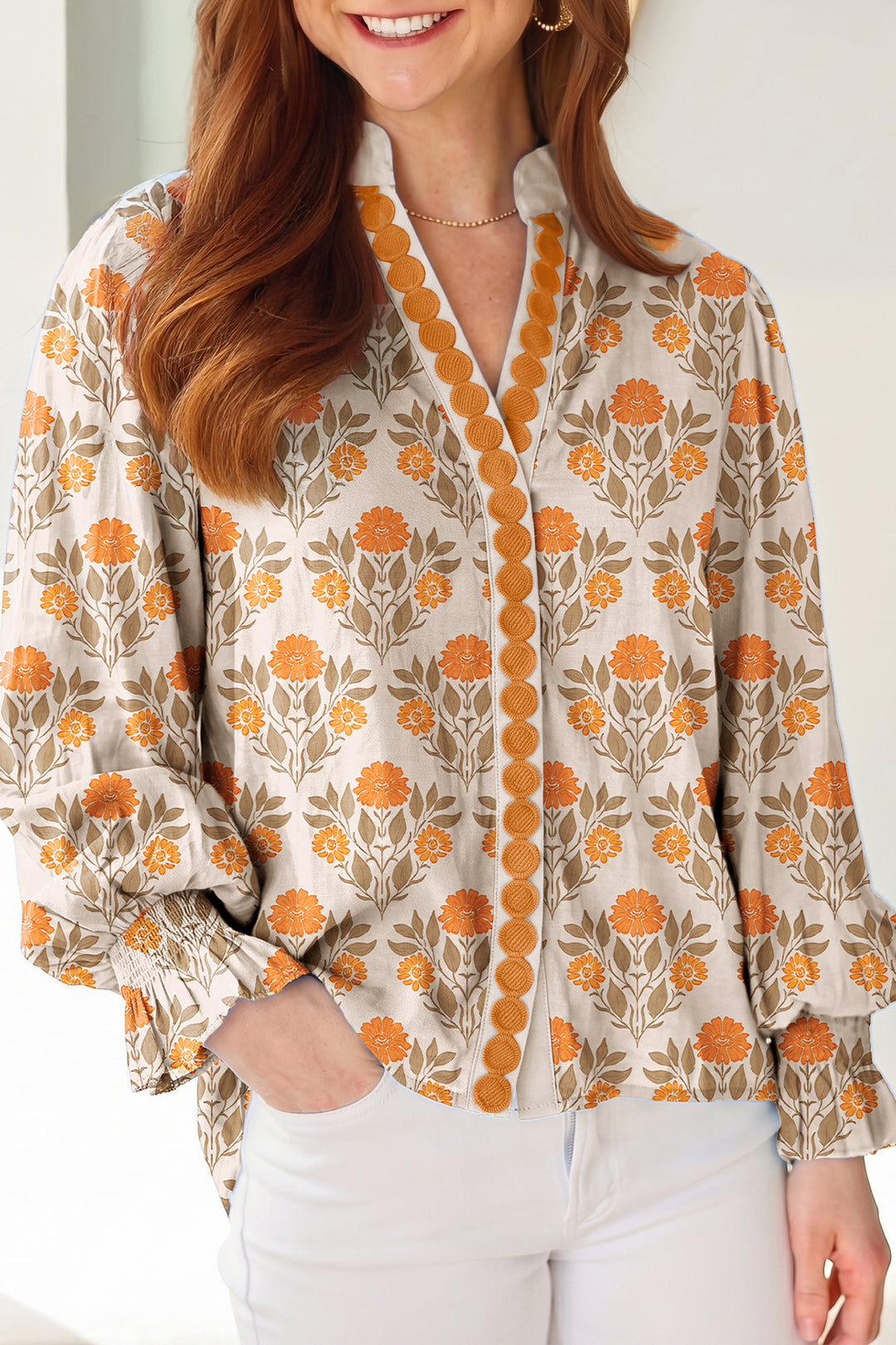 Orange Floral Print Contrast Detail V Neck Long Sleeve Blouse