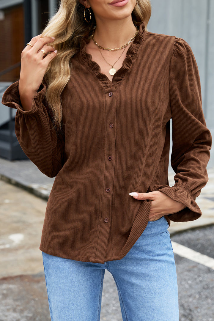 Coffee Solid Color Ruffle Trim V Neck Long Sleeve Button Corduroy Shakcet